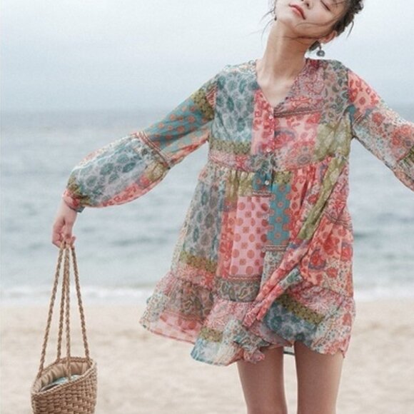 Unbranded Dresses & Skirts - Women Bohemian Style Patchwork Multicolor Paisley V-Neck Short Mini Dress Size L